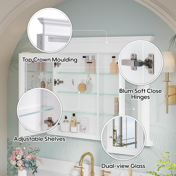 WELLFOR40 x 32" Bathroom Medicine Cabinet with 3-Tier Adjustable Shelves, Recessed Solid Wood Medicine Cabinet with Mirrors, Wood Miiror Cabinet with 2 Soft-Close Door and Open/Built-in 6 Shelves