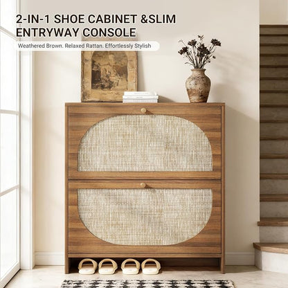 Nicetree Freestanding Ultra Slim Arched Rattan Accent Shoe Storage Cabinet for Entryway - 2 Flip Drawers & 3-Tier Adjustable Shelves, Farmhouse Modern Rustic Shoe Rack for Hallway Foyer,Oak