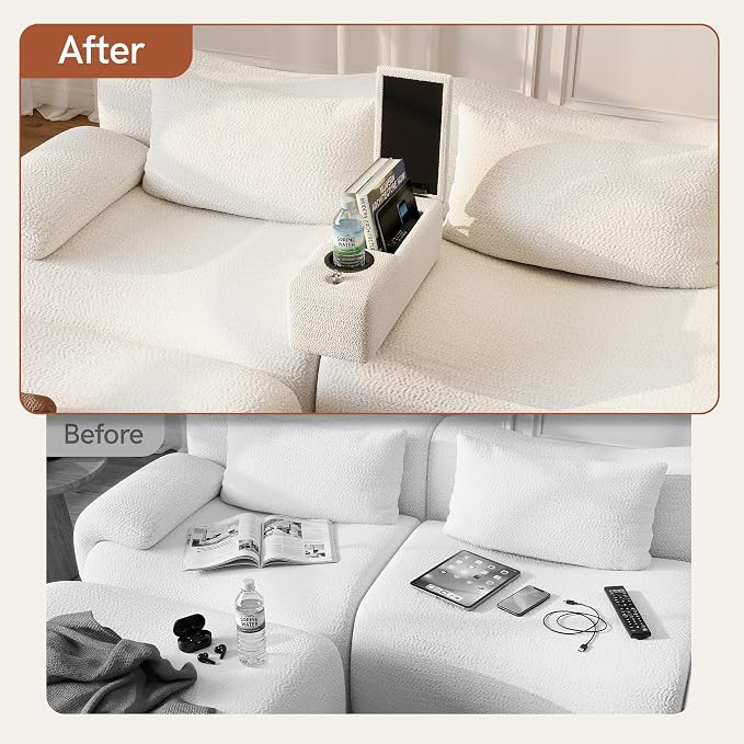 Couch Caddy with Cup Holder Multifunctional Couch Armrest Charging Console Phone Holder Sofa Arm Rest 20.3'' Removable White Chenille Sofa Organizer Remote Snack Storage for Livingroom Couches