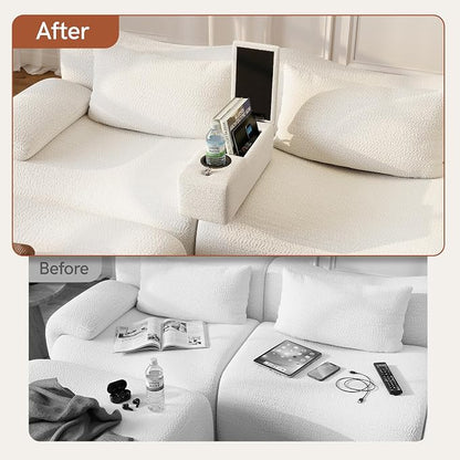 Couch Caddy with Cup Holder Multifunctional Couch Armrest Charging Console Phone Holder Sofa Arm Rest 20.3'' Removable White Chenille Sofa Organizer Remote Snack Storage for Livingroom Couches