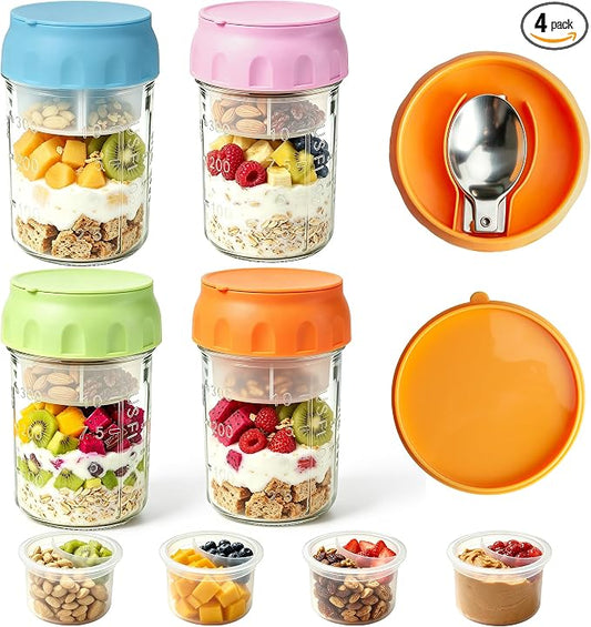 16oz Overnight Oats Containers with Lids & Folding Spoons, 4 Pack Glass Meal Prep Jars with Divided Compartments, Leakproof Airtight Mason Jars for Oatmeal Yogurt Parfait Fruit Snack