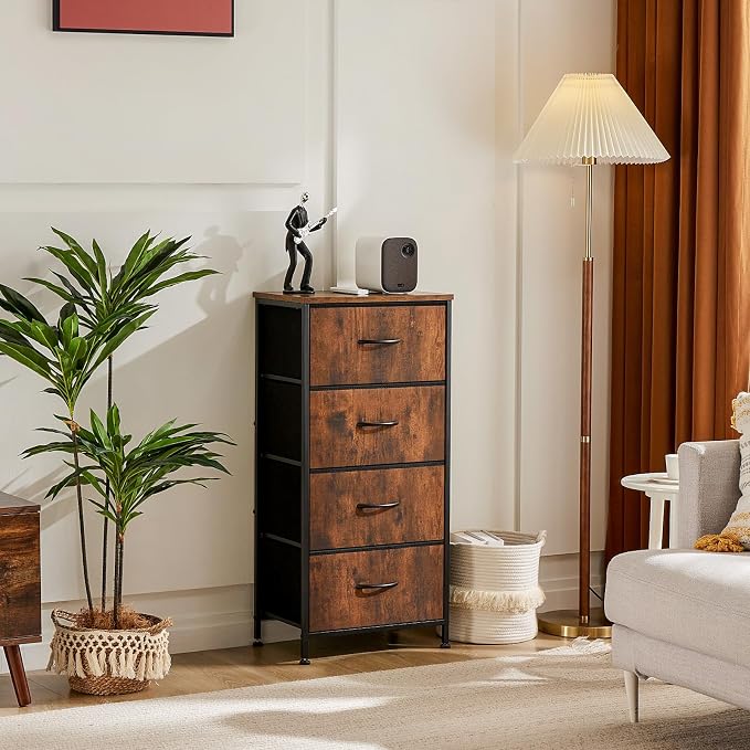 DUMOS Nightstand with 4 Drawers Bedside Table with Removable Fabric Bins Sturdy Steel Frame Wood Top Organizer Furniture for Bedroom Closet Living Room