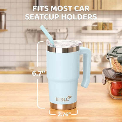 Travel Coffee Mug with Handle 16 oz Stainless Steel Double Wall Vacuum Insulated Tumbler Cup with Lid and Straw (Baby Blue)