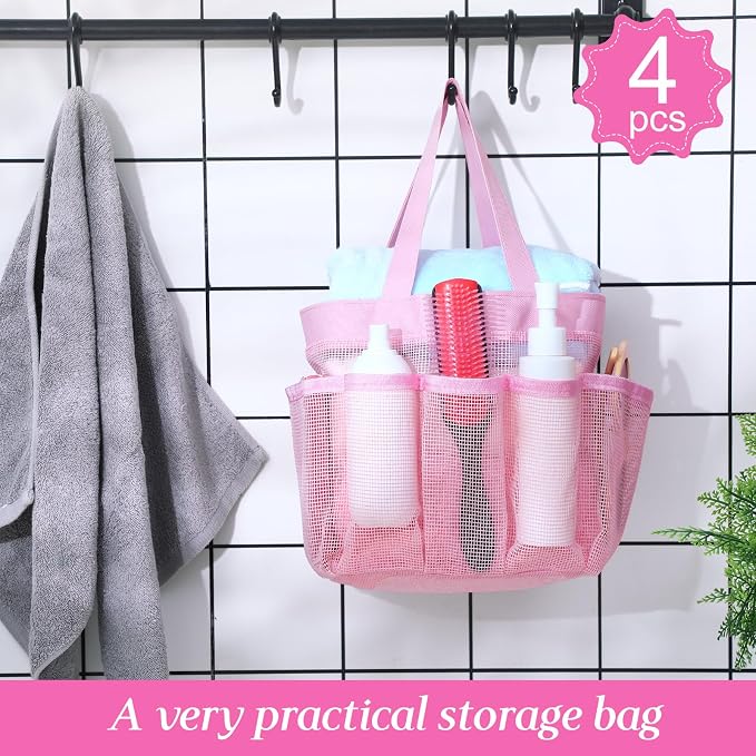 Hillban 4 Pcs Mesh Shower Caddy Portable Shower Caddy for Dorm Beach Mesh Bags with Deeper 8 Pockets and Handles Showers Caddies Basket for Women College Room Vacation(Pink)
