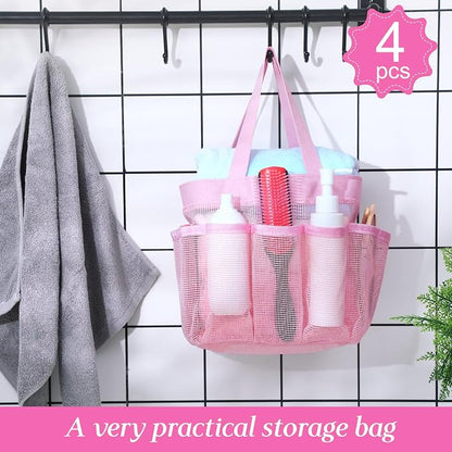 Hillban 4 Pcs Mesh Shower Caddy Portable Shower Caddy for Dorm Beach Mesh Bags with Deeper 8 Pockets and Handles Showers Caddies Basket for Women College Room Vacation(Pink)