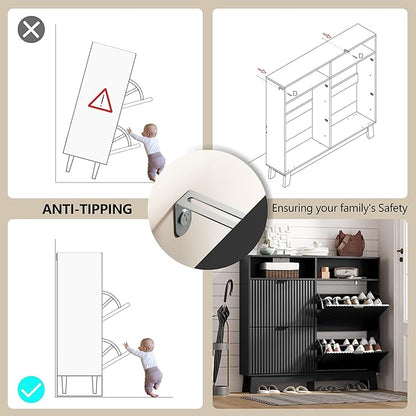 Shoe Cabinet Storage for Entryway with 4 Flip Drawers, Fluted Narrow Shoe Organizer with Wooden Legs & Top Cubby, Freestanding Slim Shoe Storage Hidden Shoe Rack for Front Door Entrance, Black