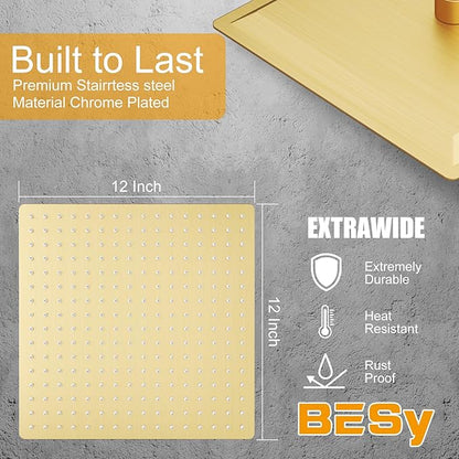 BESy 12 Inch Rain Shower Head, 12" Square Rainfall & High Pressure Stainless Steel Bath Showerhead, 1/16" Ultra Thin, Waterfall Full Body Coverage with Silicone Nozzle, Brushed Gold
