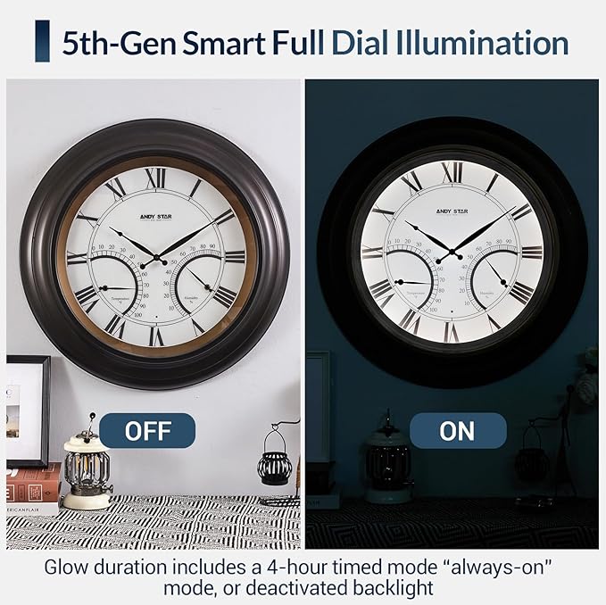 ANDY STAR 24 Inch Outdoor Clocks Waterproof,Large Outdoor Wall Clocks for Patio with Thermometer, Weatherproof Illuminated Clock Battery Operated with Thermometer&Hygrometer,Oil Rubbed Bronze Black