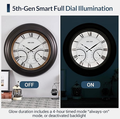 ANDY STAR 24 Inch Outdoor Clocks Waterproof,Large Outdoor Wall Clocks for Patio with Thermometer, Weatherproof Illuminated Clock Battery Operated with Thermometer&Hygrometer,Oil Rubbed Bronze Black