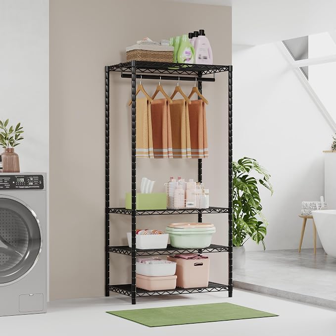 ecobedding Heavy Duty Garment Rack, 1000LBS Max Load Freestanding Closet Organizer with 6 Storage Shelves & 3 Adjustable Hanging Rods, Multifunctional, Glossy Black, 15.75" D x 70-88.5" W x 76.5" H