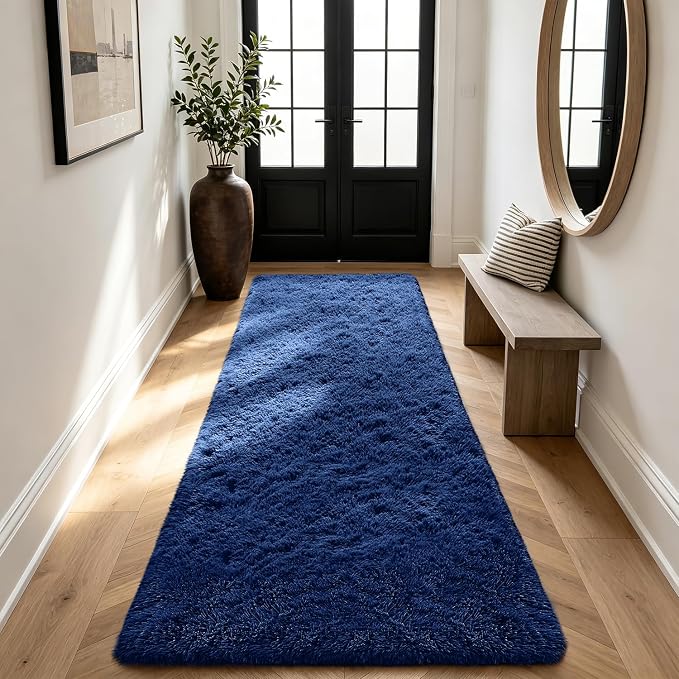 Shag Runner Rug for Bedroom Living Room 3x7 Upgrade Non-Slip Fluffy Soft Bedside Rugs,Blue Shaggy Carpet for Livingroom Dorm Home Decor Aesthetic