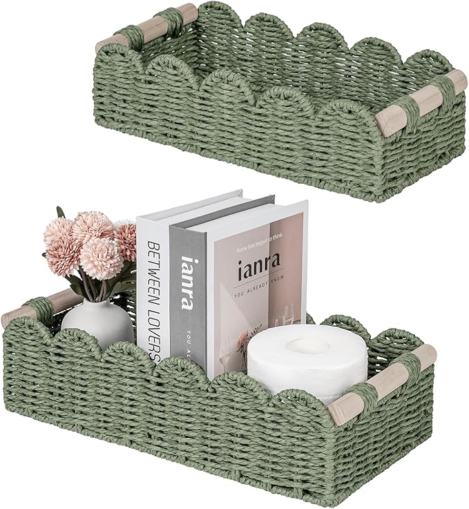 CubesLand Toilet Paper Storage Basket, Scalloped Edge Shelves Basket for Organizing for Over Toilet Tank Storage, Home Decor Baskets for Shelf, Countertop, Living Room, Bedroom, Handwoven, Green