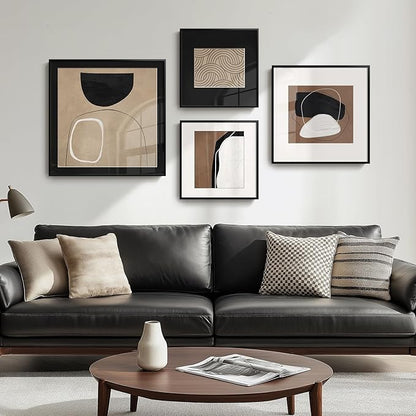 Framed Abstract Wall Art Set of 4, Large Modern Minimalist Canvas Decor Prints, Black and Brown Geometric Boho Neutral Pictures Paintings for Living Room, Bedroom, Dining, Office and Hallway