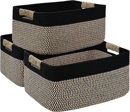 3 Pack Large Storage Basket for Organizing, 17.5"x13.5"x7.5" Woven Basket for Shelves, Closet Cube Storage Bins with Wrapped Handle, Cotton Rope Baskets for Kitchen, Clothes, Toys(Black & Brown)