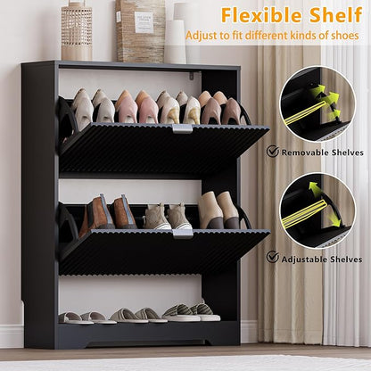 Shoe Cabinet with 2 Flip Drawers, Fluted Shoe Storage Cabinet with Adjustable Shelves, Freestanding Rack and Organizer for Entryway, Closet, Hallway