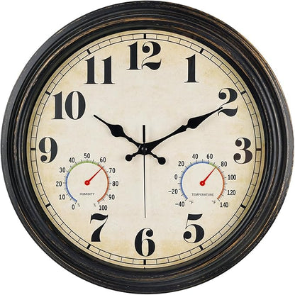zyzamay 16 Inch Black Gold Vintage Indoor/Outdoor Wall Clock with Thermometer & Hygrometer & Waterproof, Large Silent Sweep Numerals, Perfect for Porch, Garden, Pool