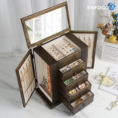Emfogo Jewelry Box for Women, 5 Layer Large Wood Jewelry Boxes & Organizers for Necklaces Earrings Rings Bracelets, Rustic Jewelry Organizer Box with Drawers and Mirror(Vintage)