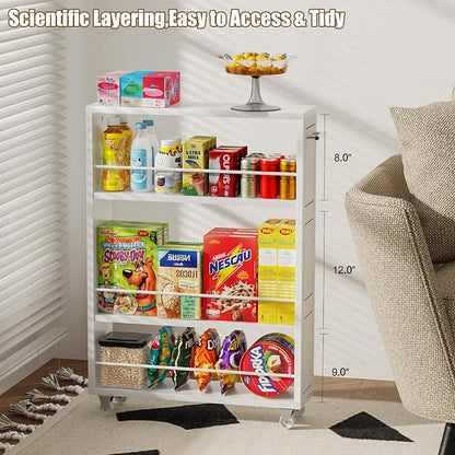 KLM 4 Tier White Slim Storage Cart with Handle, Slide Out Storage Rolling Utility Cart for Kitchen, Laundry, Narrow Places-6.7" W