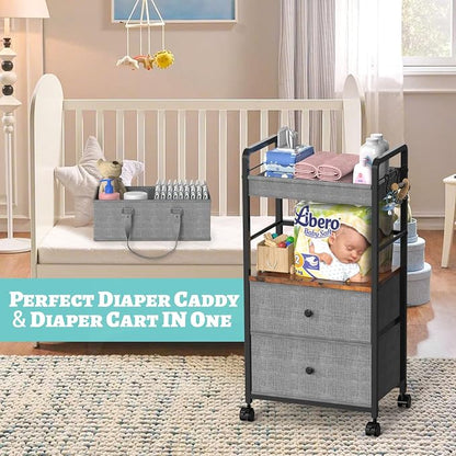 2IN1 Baby Diaper Caddy Organizer & 4-Tier Rolling Cart, Bedside Cart for Baby Essentials Nursery With Drawers, Metal Mobile Diaper Caddy Cart with Wheels, Storage Basket with Dividers for Baby Shower