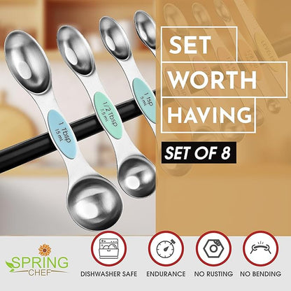 Spring Chef Stainless Steel Magnetic Measuring Spoons Set of 8 with Leveler, Metal Teaspoon & Tablespoon Measuring Spoons for Dry and Liquid Ingredients, Kitchen Gadgets for Baking & Cooking - Pastel