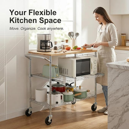 Finnhomy 3-Tier Rolling Kitchen Cart with 18" D x 36" W Oak Wood Tabletop, Kitchen Island Cart with 4" Wheels and Slider Shelf, Microwave Cart & Coffee Cart with Hooks for Dining Room, Chrome