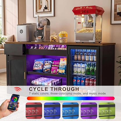 GDLF Snack Bar Cabinet with Fridge Space, 70.1" Snack Organizer with Storage and Candy Display Shelf, Coffee Station for Home Theater or Game Room with LED Lights, Black