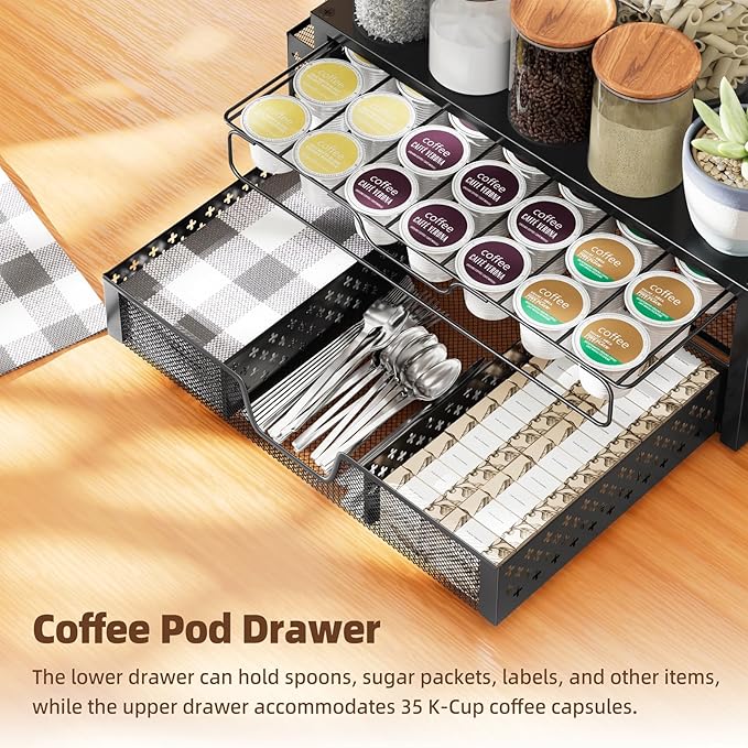 Ekisemio K Cup Organizer, Coffee Pod Holder for Counter with 2 Tier Sliding Storage Drawer & Hanging Baskets, Holds 63 Large or 80 Small Capsules for Coffee Bar, Black