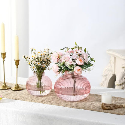 Pink Glass Vases for Tulips, Set of 2, Flower Vases for Bouquet, Ribbed Glass Vase for Flowers, Short Vase for Living Room, Office, Coffee Table, Shelf, Wedding