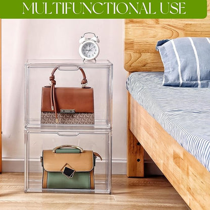 Purse Organizer for Closet, 5 Pack Clear Acrylic Display Case for Purse Handbag Storage, Stackable Purse Storage Boxes with Magnetic Door for Collectibles, Wallet, Cosmetic