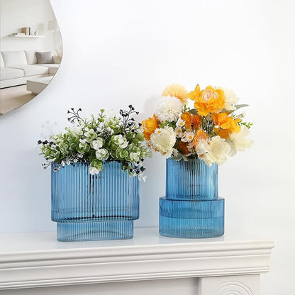 Blue Glass Vases, Set of 2 Ribbed Vases for Flowers, Blue Vase for Tulips, Modern Glass Vase for Living Room, Dining Table, Office, Entryway, Mantle, Bookshelf, Wedding Gifts