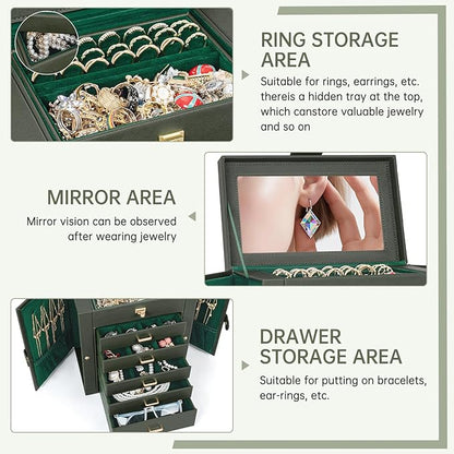 AKOZLIN 6-Tier Jewelry Box Organizer Functional 5 Drawers Leather Jewelry Storage Case for Women Girls Ring Necklace Earring Bracelet Holder Organizer with Mirror Dark Green