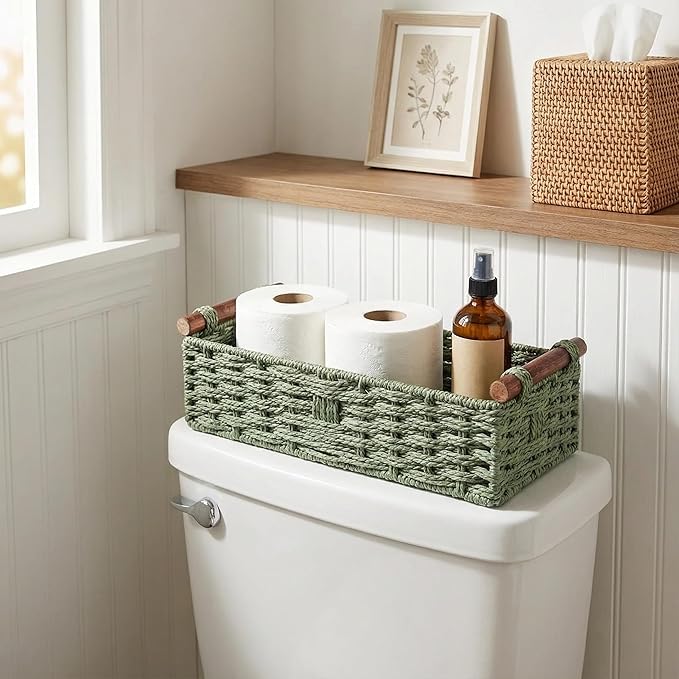 Toilet Paper Basket, Green Wicker Storage Basket with Wooden Handles, Handwoven Paper Rope Toilet Tank Top Organizer, Countertop Basket for Top of Toilet, Wicker Bathroom Baskets for Organizing