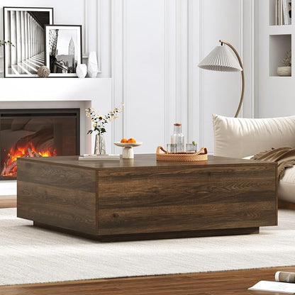 47” Square Coffee Table with Storage, 47" D x 47" W x 17" H Modern Large Square Center Table with 2 Drawers,Wood Coffee Table for Living Room,Bedroom（Walnut）