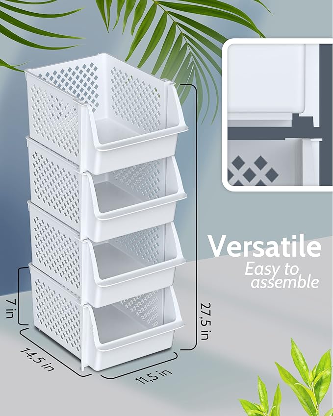 Skywin Stackable Storage Bins Open Front for Pantry Storage, 4 Pack - White | Sturdy Plastic, Easy Stacking, Open Front Access, Ventilated Sides, Vertical & Space Saving Pantry Organizers and Storage Bin