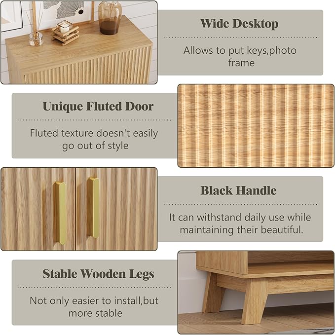 Shoe Cabinet Storage for Entryway, 5 Tier Fluted Shoe Storage Cabinet with Wooden Legs, Narrow Hidden Shoe Organizer with Adjustable Shelves, Freestanding Shoe Rack for Entryway, Hallway, Oak