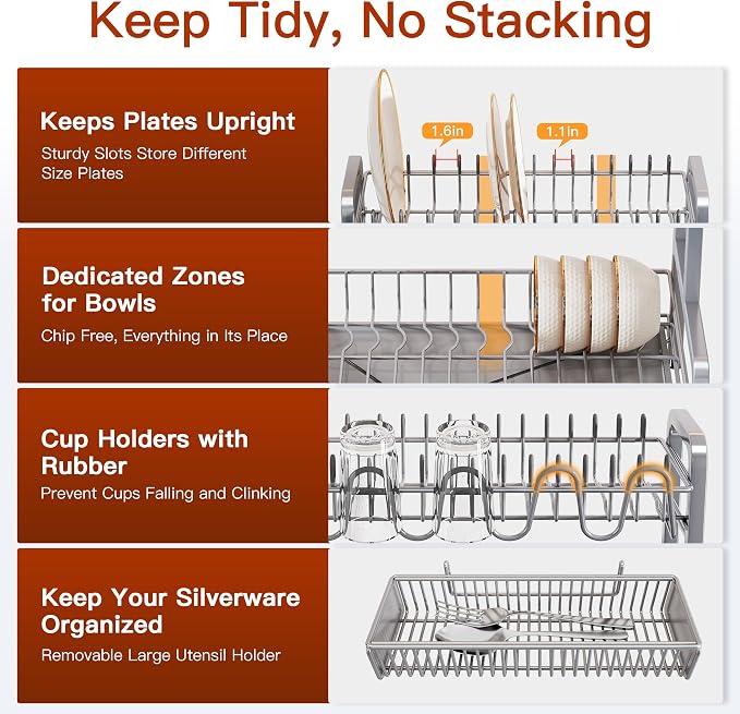BOOSINY 2 Tier Dish Drainer Drying Rack for Kitchen Counter, Large Stainless Steel Dish Dryer with Drainboard, Big Rustproof Metal Space Saving Countertop Plate Strainer with Utensil Holder, Sliver