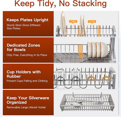 BOOSINY 2 Tier Dish Drainer Drying Rack for Kitchen Counter, Large Stainless Steel Dish Dryer with Drainboard, Big Rustproof Metal Space Saving Countertop Plate Strainer with Utensil Holder, Sliver