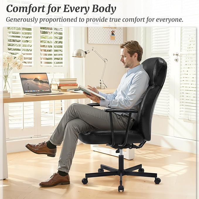 High Back Office Desk Chair, Breathable Ergonomic Leather Chair with 5-Layer Seat Cushion with 135°Reclining Lumbar Support Adjustable Height Rolling Swivel Executive Armrests Chair, Black