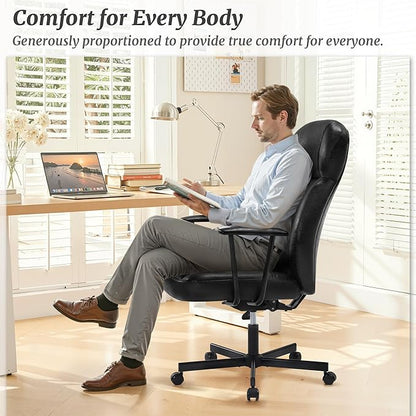 High Back Office Desk Chair, Breathable Ergonomic Leather Chair with 5-Layer Seat Cushion with 135°Reclining Lumbar Support Adjustable Height Rolling Swivel Executive Armrests Chair, Black