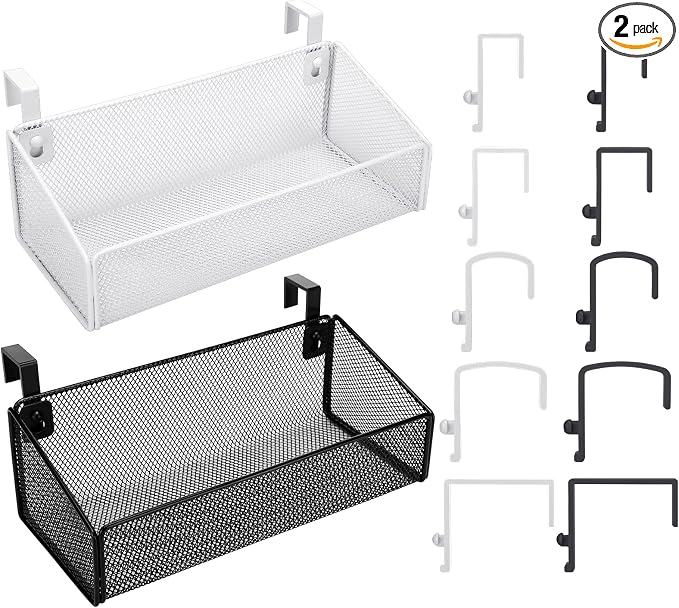 Rtteri 2 Sets Bedside Shelf Caddy Metal Hanging Storage Basket Organizer with 10 Pair 5 Different Size Hooks for Dorm Bunk Bed Bedroom for Magazine Phone Drinks(Black, White)