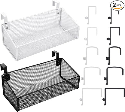 Rtteri 2 Sets Bedside Shelf Caddy Metal Hanging Storage Basket Organizer with 10 Pair 5 Different Size Hooks for Dorm Bunk Bed Bedroom for Magazine Phone Drinks(Black, White)