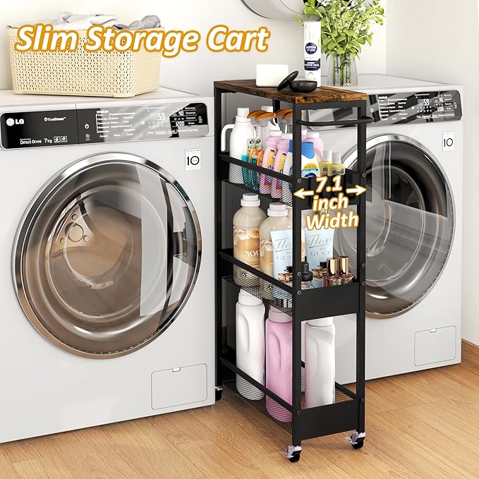 Vincona 7.1" Wide Slim Rolling Utility Cart, 4 Tier Metal Narrow Storage Cart with Handle and Wood Top, Multifunctional Small Mobile Shelf Unit Organizer Trolley for Laundry, Bathroom, Kitchen