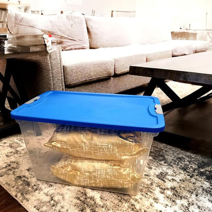 HOMZ Clear Plastic Storage Bins with Snaplock Secure Latching Lids | Easy Grip Handles | Stackable & Nestable Organizing Totes | Blue Lid | 64 Quart, Pack of 2