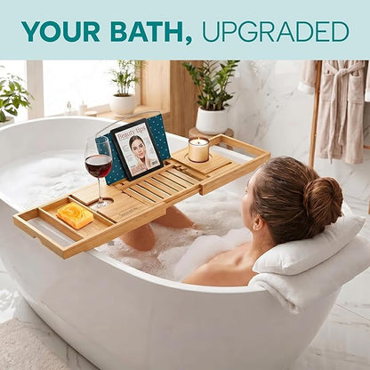 SereneLife Premium Bathtub Tray Caddy, Expandable Bath Tray, Unique House Warming Gifts, Gift for Mom, Women, New Home, Wedding, Anniversary, Bridal Shower, Universal Fit for All Tub -Natural, GiftSet