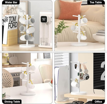 Wisuce White Coffee Mug Tree, Updated Thick Bamboo Mug Holder Base,Coffee Cup Stand Mug Holders with 6 Hooks for Countertop Organizer Stand