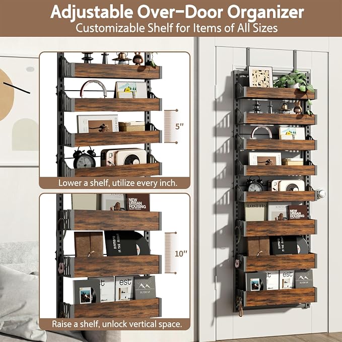 Over the Door Pantry Organizer: Pantry Organization and Storage with Hanging Basket - 8-Tier Adjustable Shelves Metal Spice Rack for Kitchen Laundry Room Bedroom & Bathroom