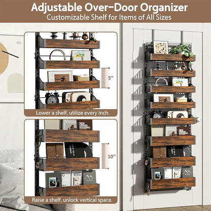 Over the Door Pantry Organizer: Pantry Organization and Storage with Hanging Basket - 8-Tier Adjustable Shelves Metal Spice Rack for Kitchen Laundry Room Bedroom & Bathroom