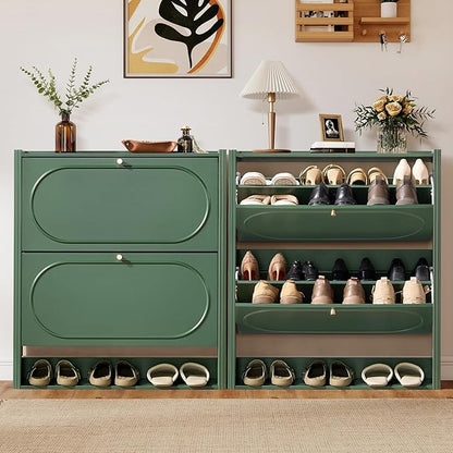 ORRD Shoe Storage Cabinet with 2 Flip Drawers, Wood Narrow Shoe Cabinet for Entryway, Fluted Hidden Shoe Organizer, Freestanding Slim Shoes Cabinets for Foyer, Hallway-Green