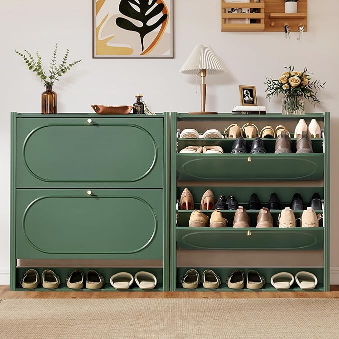 ORRD Shoe Storage Cabinet with 2 Flip Drawers Set of 2, Wood Narrow Shoe Cabinet for Entryway, Fluted Hidden Shoe Organizer, Freestanding Slim Shoes Cabinets for Foyer, Hallway-Green