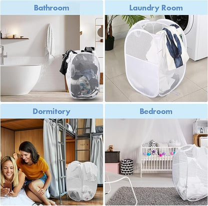 DUCOO Pop Up Laundry Hamper, 70L Collapsible Mesh Laundry Basket with Side Pocket, Foldable Dirty Clothes Hamper with Sturdy Reinforced Handles for Home Dorm Bedroom Travel Storage, White, 2Pack